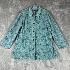 Denim & Co. Women's XL Corduroy Jacket Button Pockets Turquoise‎ Blue Floral